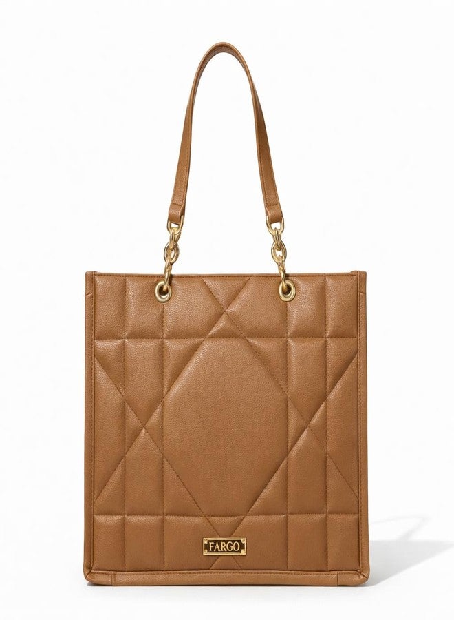 Fargo Matrix Tan Tote Bag for Women | Vegan Leather Handbag with 15-Inch Laptop Compartment, Smooth Zip | Stylish Office, College & Daily Use Tote | Made in India - Image 1